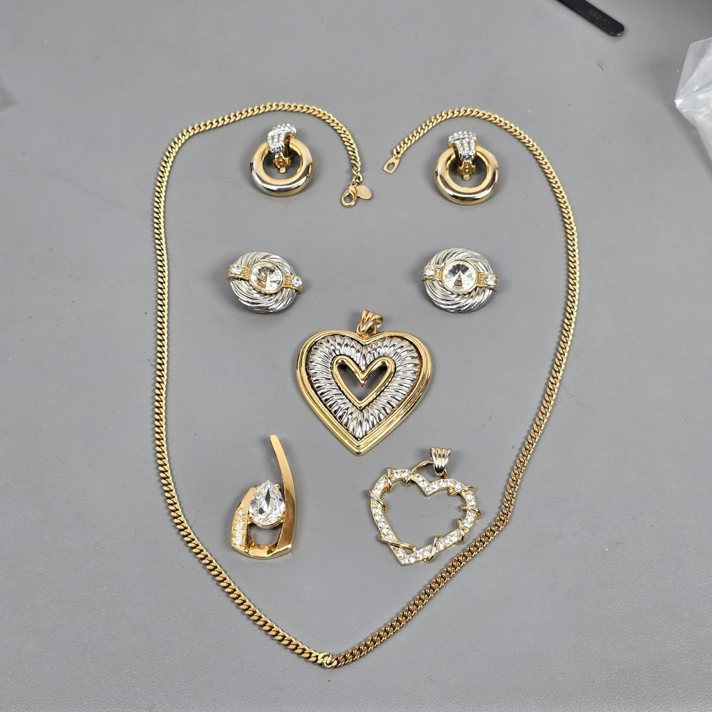 Jewelry Lot Gold/Silver-Tone Crystal Heart Pendant & Park Lane Earrings/Necklace